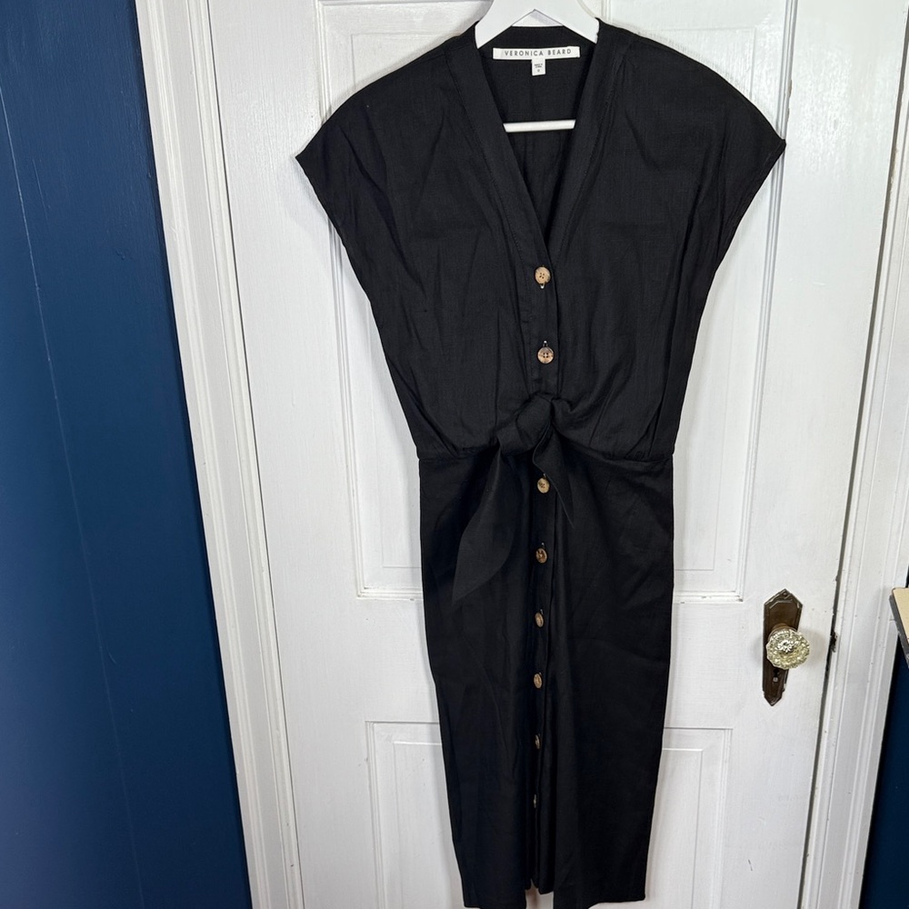Veronica Beard Giana Black Tie Waist Button Midi Linen Dress W2092 Sz 0 - Picture 6 of 10